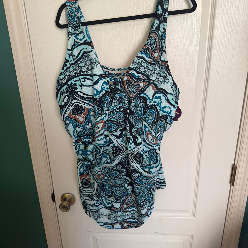 Cacique Lane Bryant Blue Paisley Halter Swim Tank